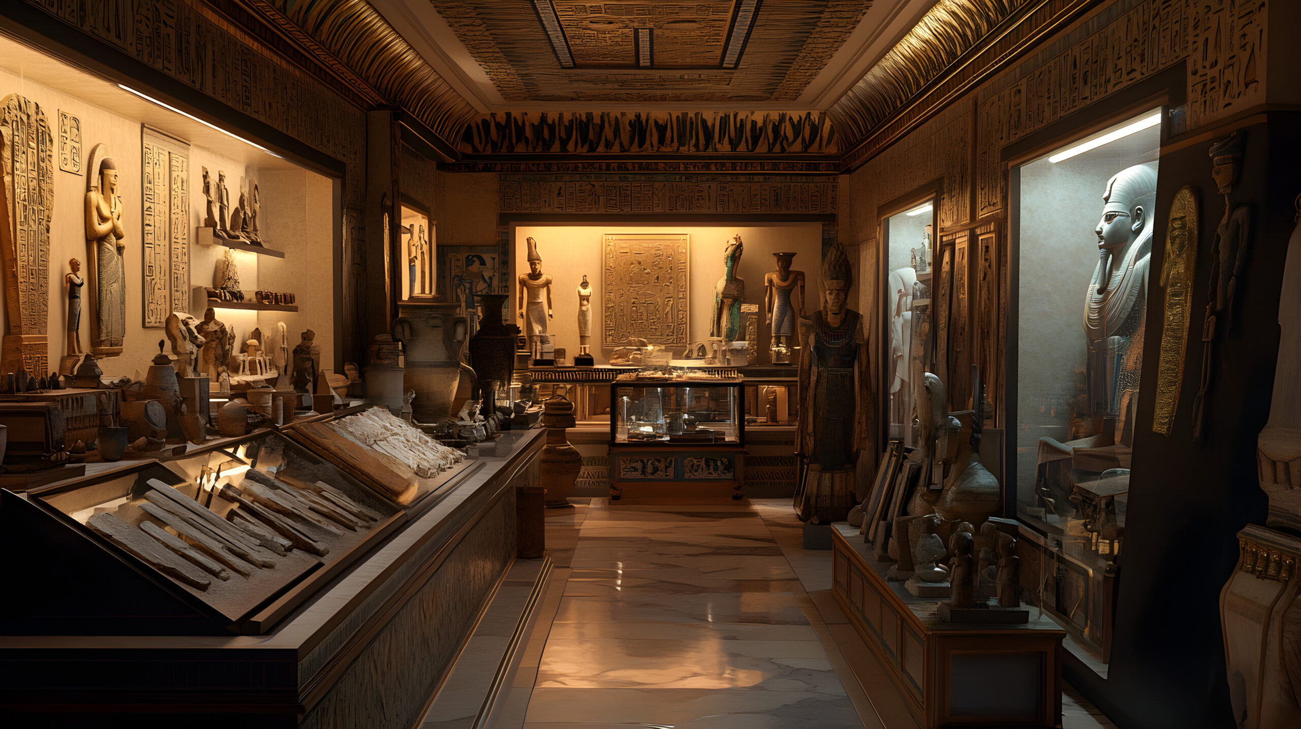 Ausstellungsraum mit antiken ägyptischen Artefakten und historischen Sammlungsstücken in museumähnlicher Präsentation