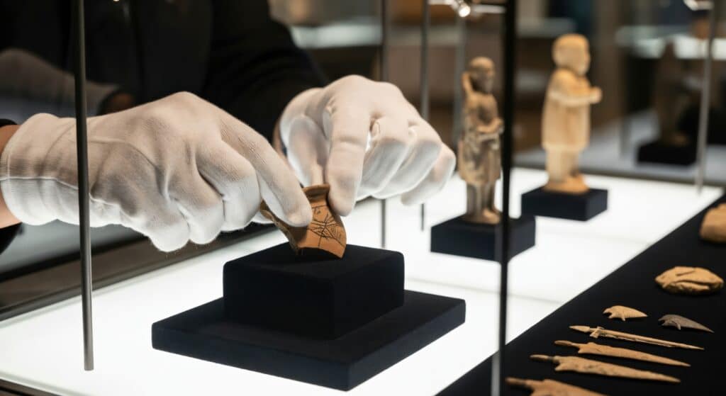 Behandschuhte Hände untersuchen antike Keramikfragmente und archäologische Objekte in einer Vitrine