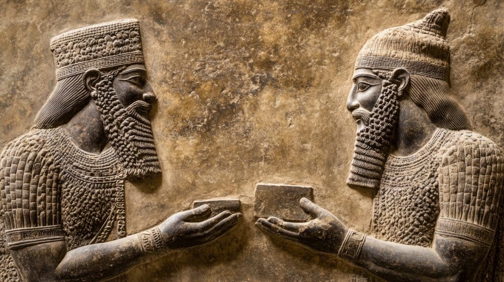 Antikes Relief mit zwei assyrischen Herrscherfiguren in detailreicher Steinmetzarbeit.