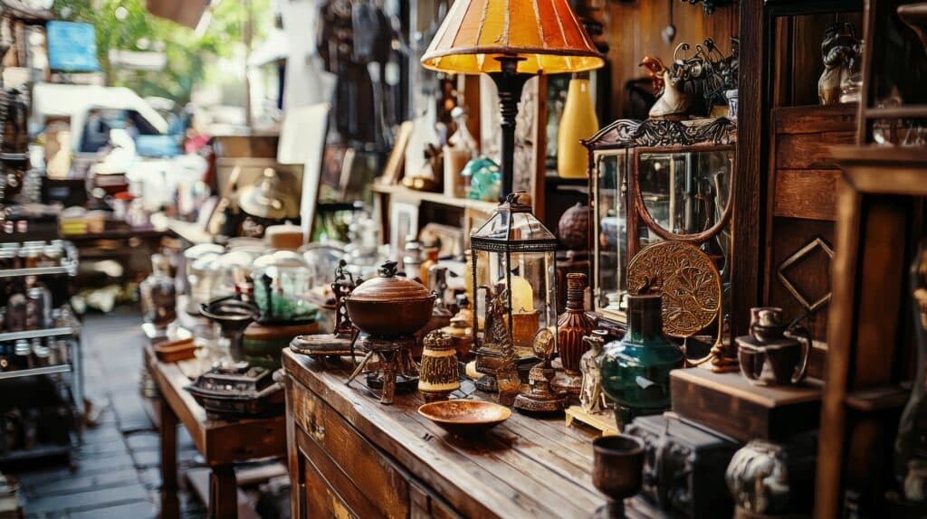 Antiquitätengeschäft mit historischen Möbeln, Lampen und dekorativen Sammlerstücken im Vintage-Stil.